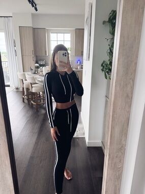 Fashion Nova Black Two-Piece Active Set with White Stripes (Size XS)